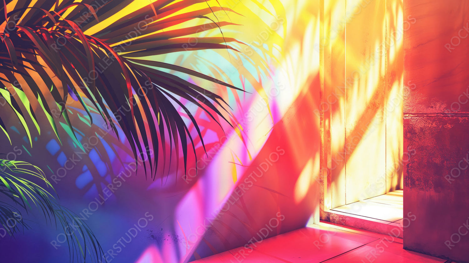 Colorful Palm Leaves with Dramatic Lighting and Shadows