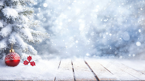 Winter scene with frosted Christmas ornaments on snowy pine branches in a peaceful forest