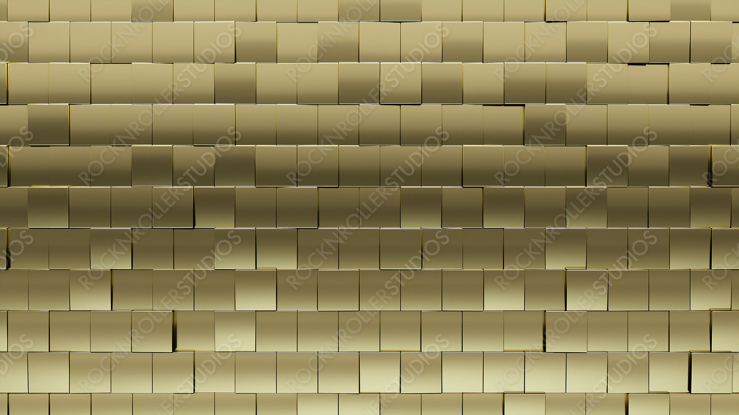Gold, Luxurious Mosaic Tiles arranged in the shape of a wall. Square, Glossy, Blocks stacked to create a 3D block background. 3D Render