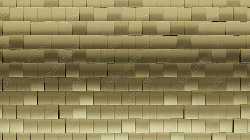 Gold, Luxurious Mosaic Tiles arranged in the shape of a wall. Square, Glossy, Blocks stacked to create a 3D block background. 3D Render