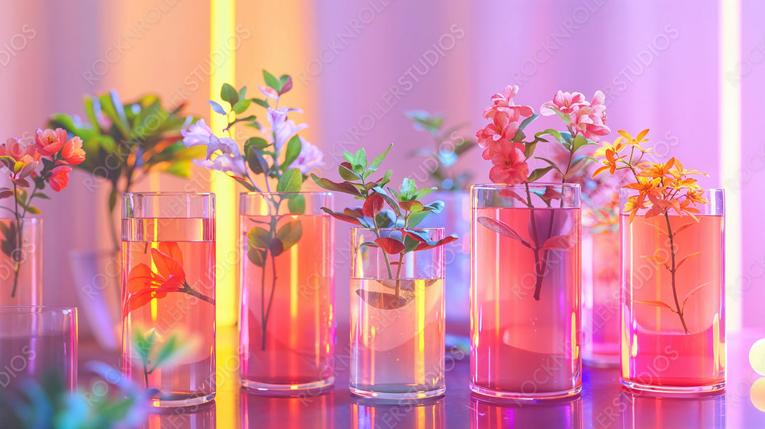 Vibrant Flowers in Glass Vases with Neon Lighting