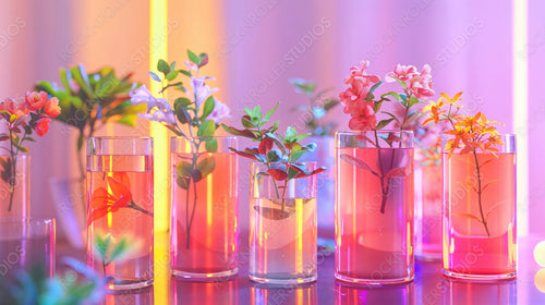 Vibrant Flowers in Glass Vases with Neon Lighting