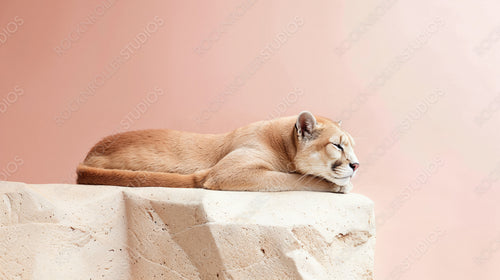 Sleeping Cougar on Rock Against Pastel Pink Background - Tranquil Wildlife Scene