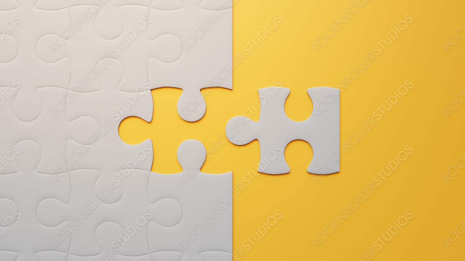 Striking Jigsaw Puzzle on Dual Yellow & White Background with Levitating Piece - A Conceptual View on Problem-Solving and Creativity