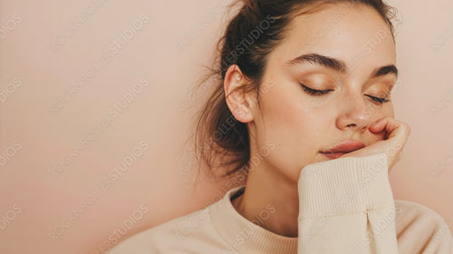 Peaceful Woman with Closed Eyes Against Pink Background