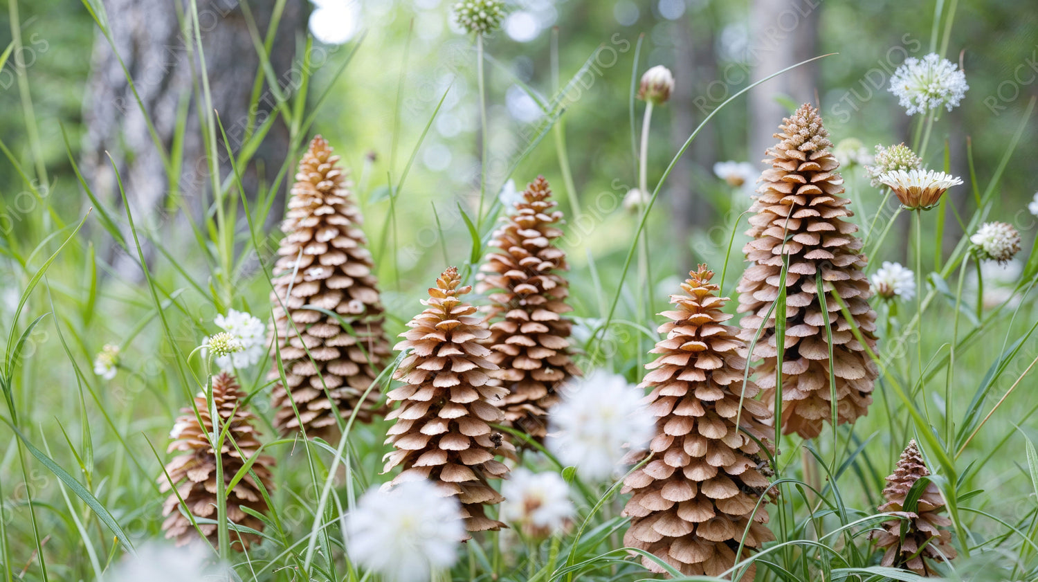 Intricate Natural Cones in a Lush Green Meadow