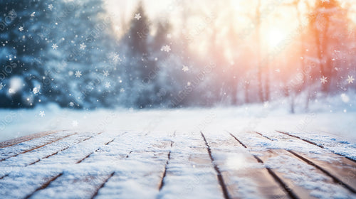 Snowy Wooden Surface with Falling Snowflakes and Blurred Winter Forest Background