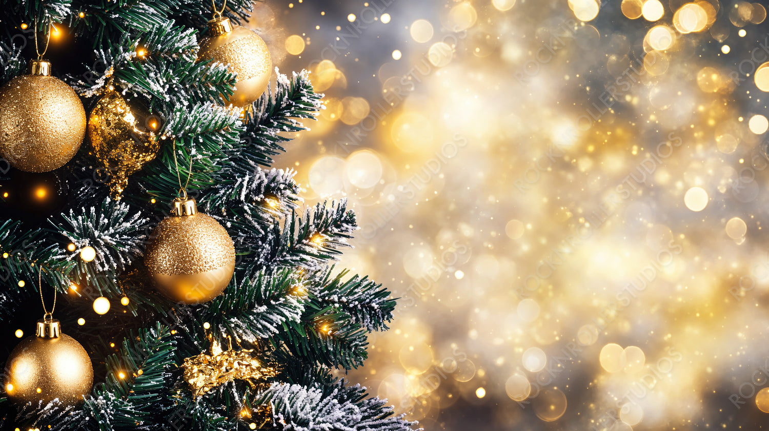 Golden Christmas Ornaments Hanging on Snow-Dusted Tree with Glowing Bokeh Lights