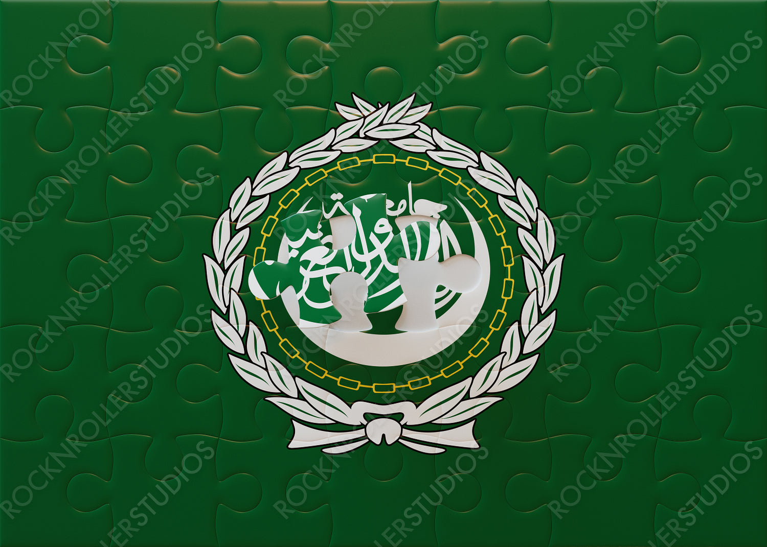 Completing the Arab League Emblem: A Cultural Puzzle with Arabic Calligraphy and Green Background