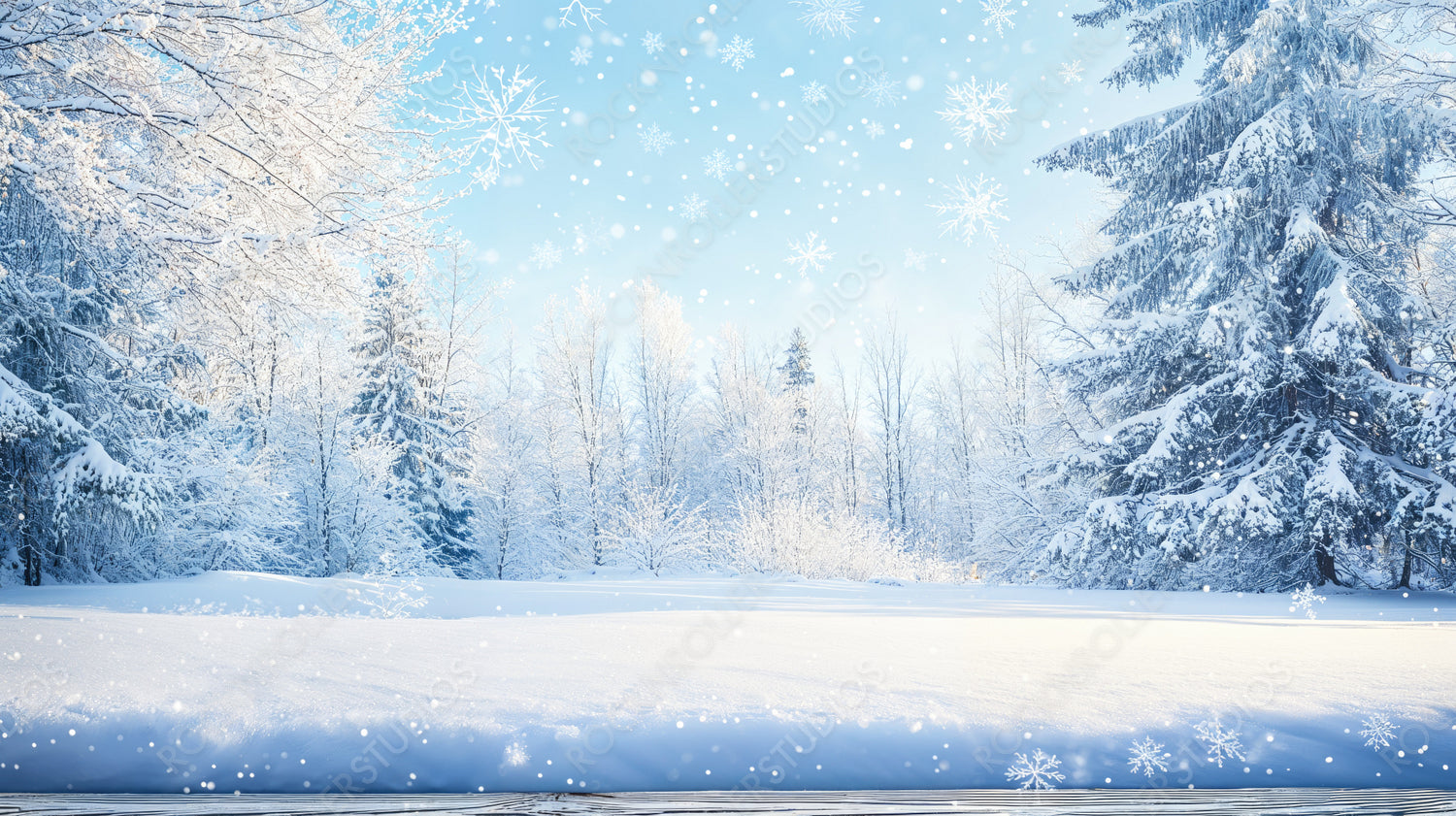 Serene Snow-Covered Forest with Snowflakes Falling Gently from the Sky