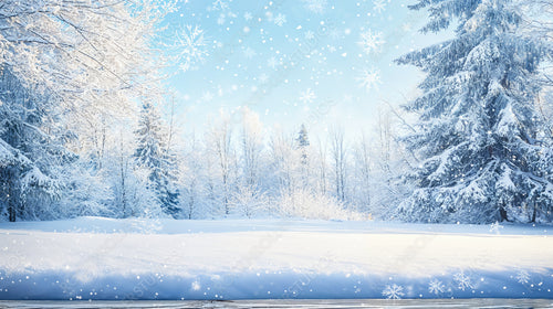 Serene Snow-Covered Forest with Snowflakes Falling Gently from the Sky