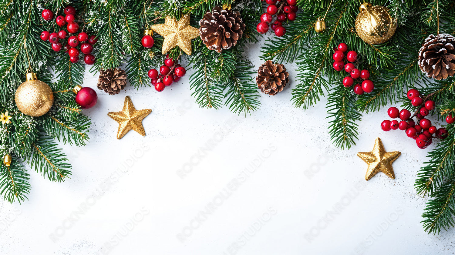 Elegant Christmas Pine Branches with Red Berries, Golden Stars, and Pinecones on White Background