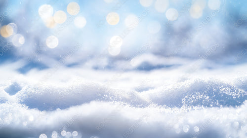 Winter Magic: Soft Snow with Glimmering Lights and Frosted Pine Branches in the Background