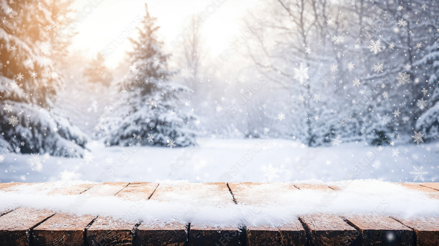 Snow-Covered Pine Trees and Winter Wonderland Scene with Falling Snow