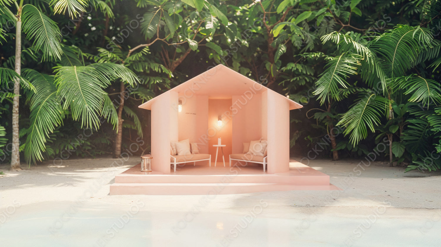 Exotic Pink Hut Surrounded by Lush Green Foliage in Paradise