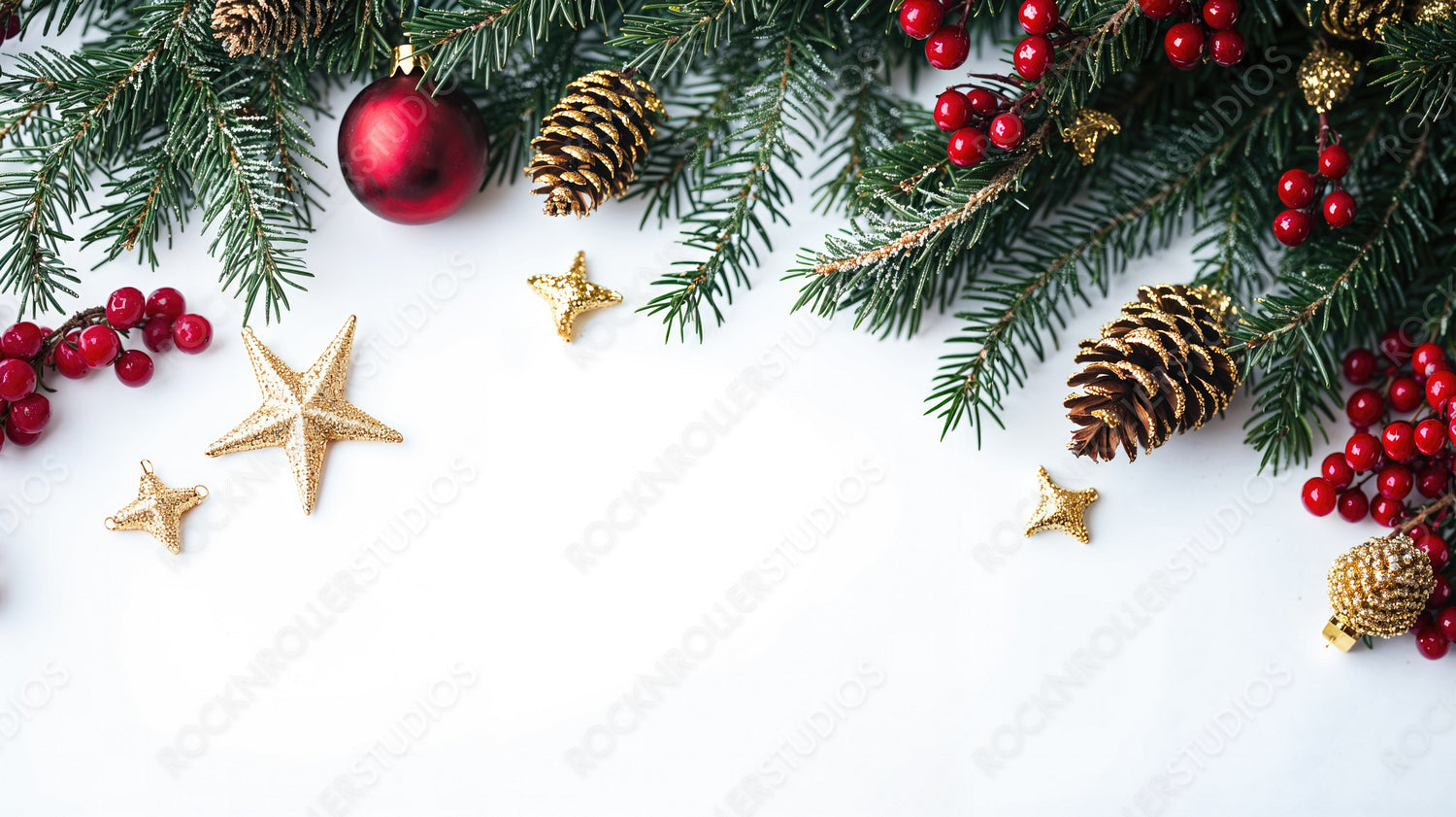 Elegant Christmas Pine Branches with Red Berries, Golden Stars, and Pinecones on White Background