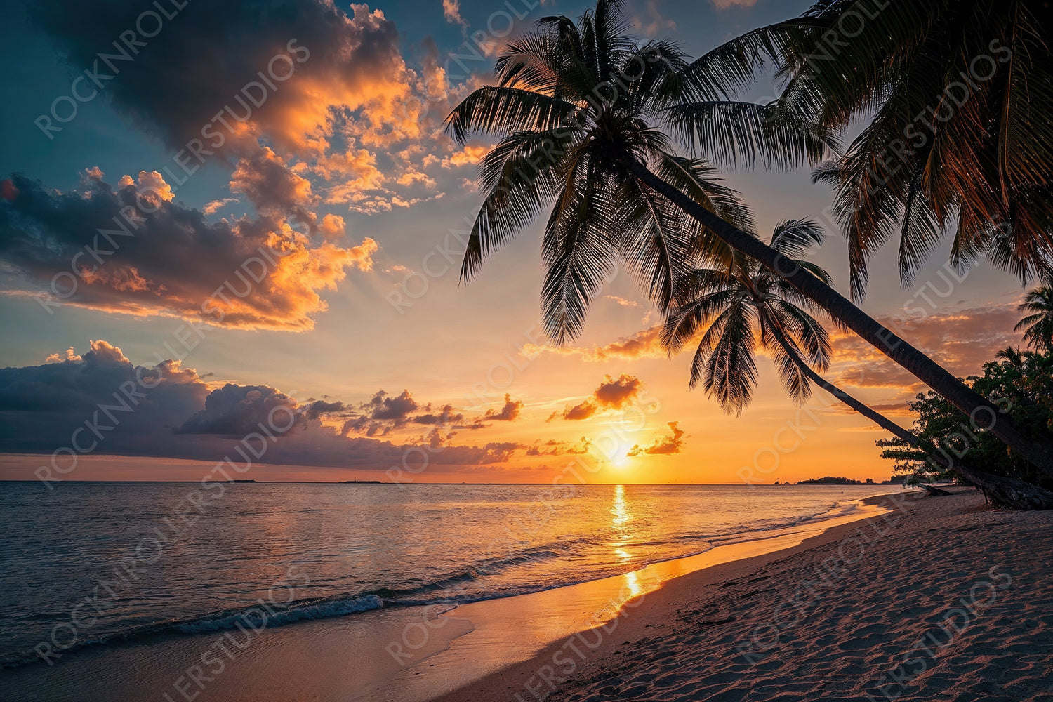 Tourism concept with Colourful Sunset Beach in Tahiti. Luxury get-away Environment.