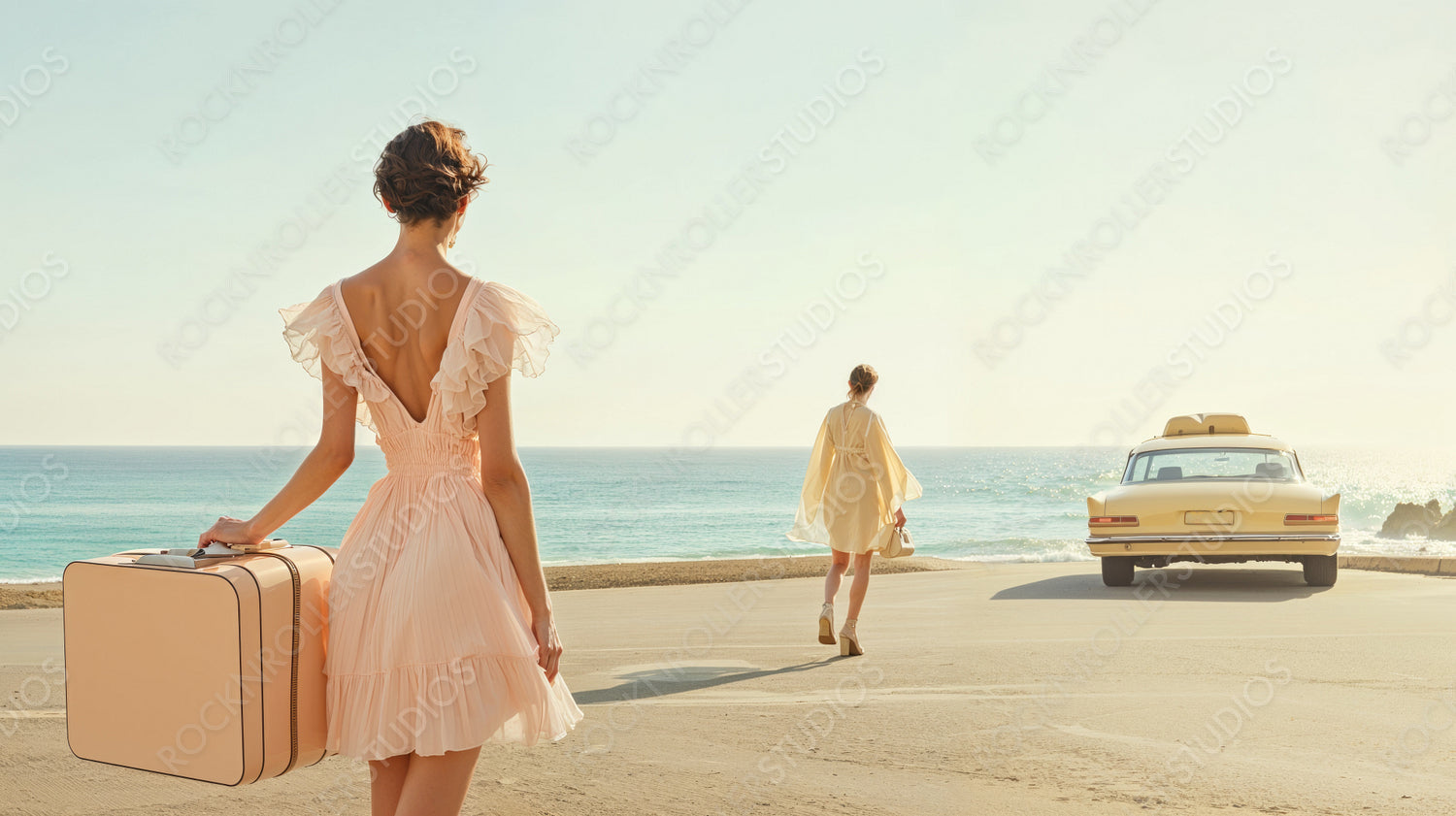 Journey to Serenity: Elegant Women by the Seaside with Vintage Cab and Suitcases