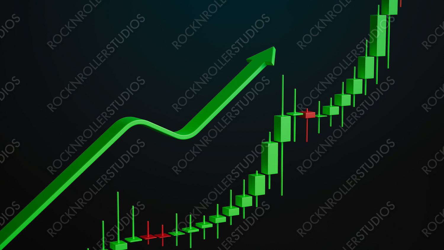 Dynamic Stock Market Growth Chart: Green Arrow and Candlesticks on Dark Background