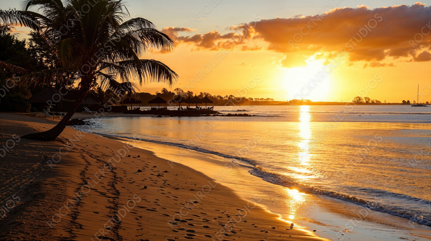 Serene Sunset Beach with Palm Trees and Gentle Waves