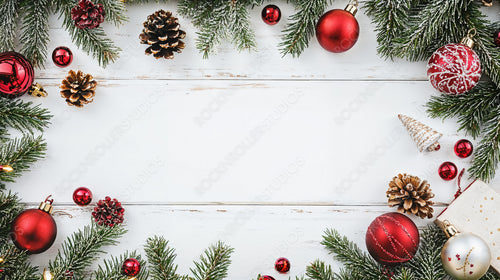 Christmas Garland with Pine Cones and Red Ornaments on Rustic White Wood