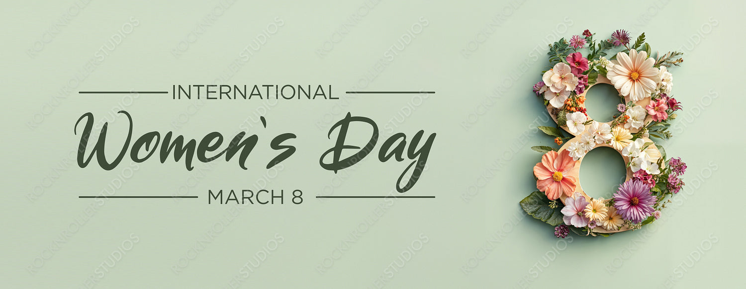 Botanical Design to Celebrate International Woman's Day. Lovely Green Floral Banner with Number 8, Flowers and Caption.