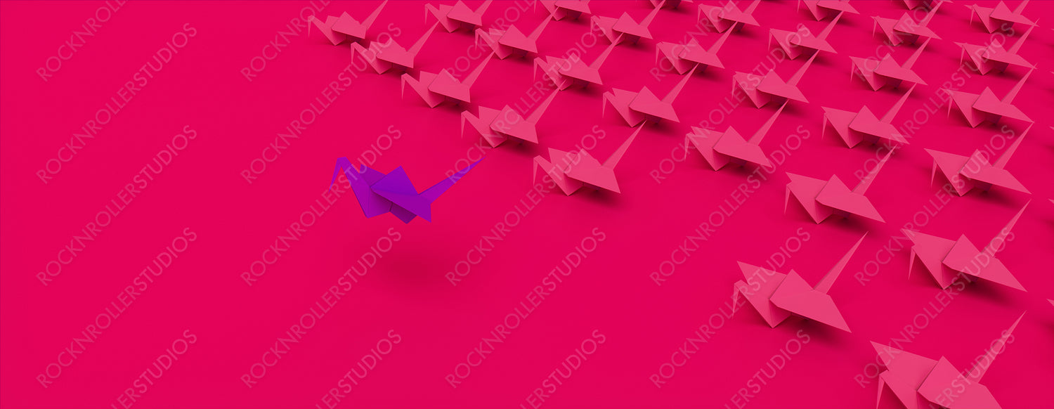 Purple Origami Bird Leading the Group. Contemporary Winner Concept on Pink Background with Copy Space.