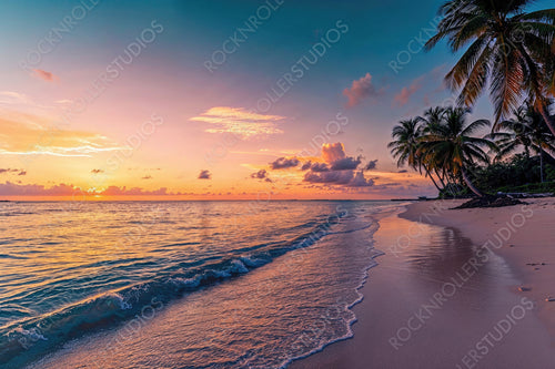 Tourism wallpaper with Exotic Sunset Beach. Relaxing Honeymoon Island.