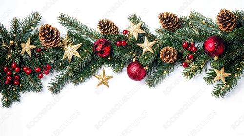 Christmas Pine Decorations with Red Ornaments and Gold Stars Against a White Background