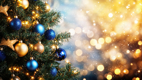 Christmas Tree Decorated with Blue and Gold Ornaments with Bokeh Lights