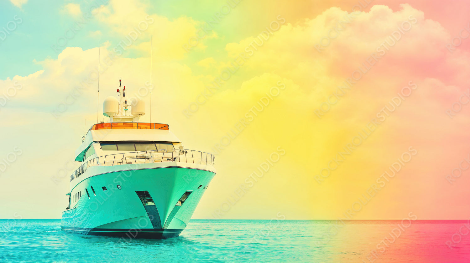 Dreamy Yacht Voyage: Surreal Sunset Over Turquoise Seas