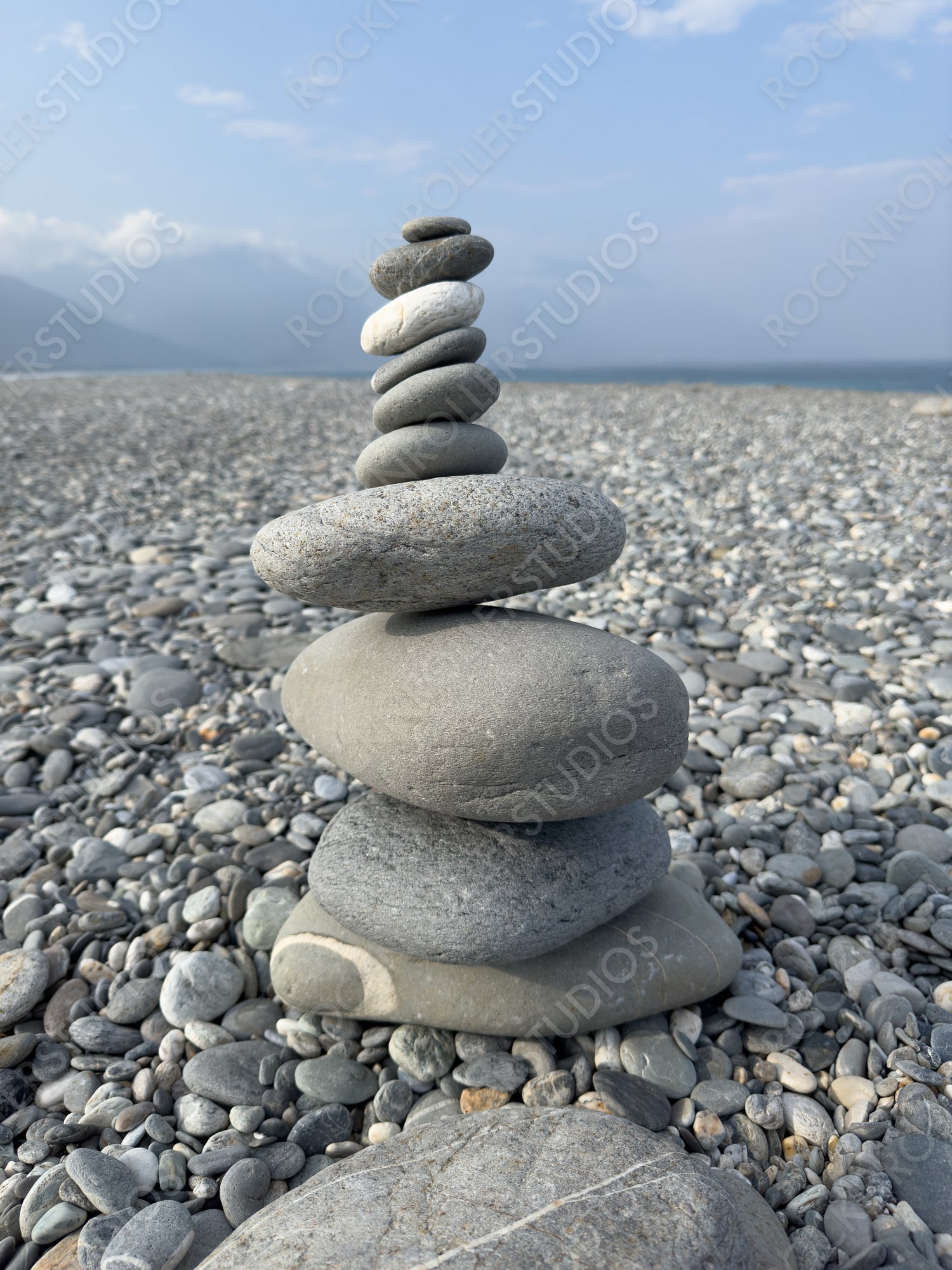 Zen Stone Stack on Pebble Beach, Peaceful Scenery