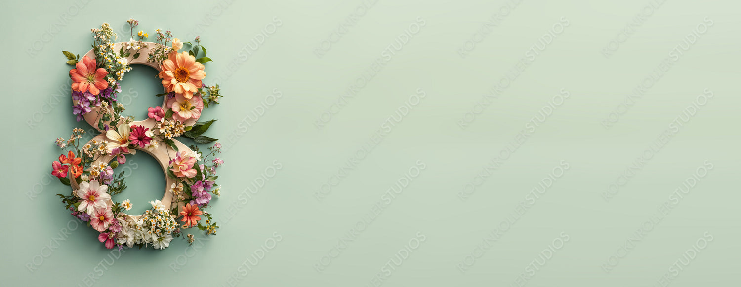 Green Floral Banner to Celebrate International Woman's Day. Lovely Botanical Design with Number 8, Flowers and Caption.