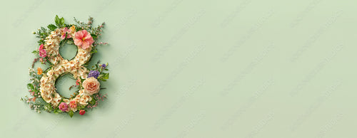 Green Floral Banner to Celebrate International Woman's Day. Lovely Botanical Design with Number 8, Flowers and Caption.