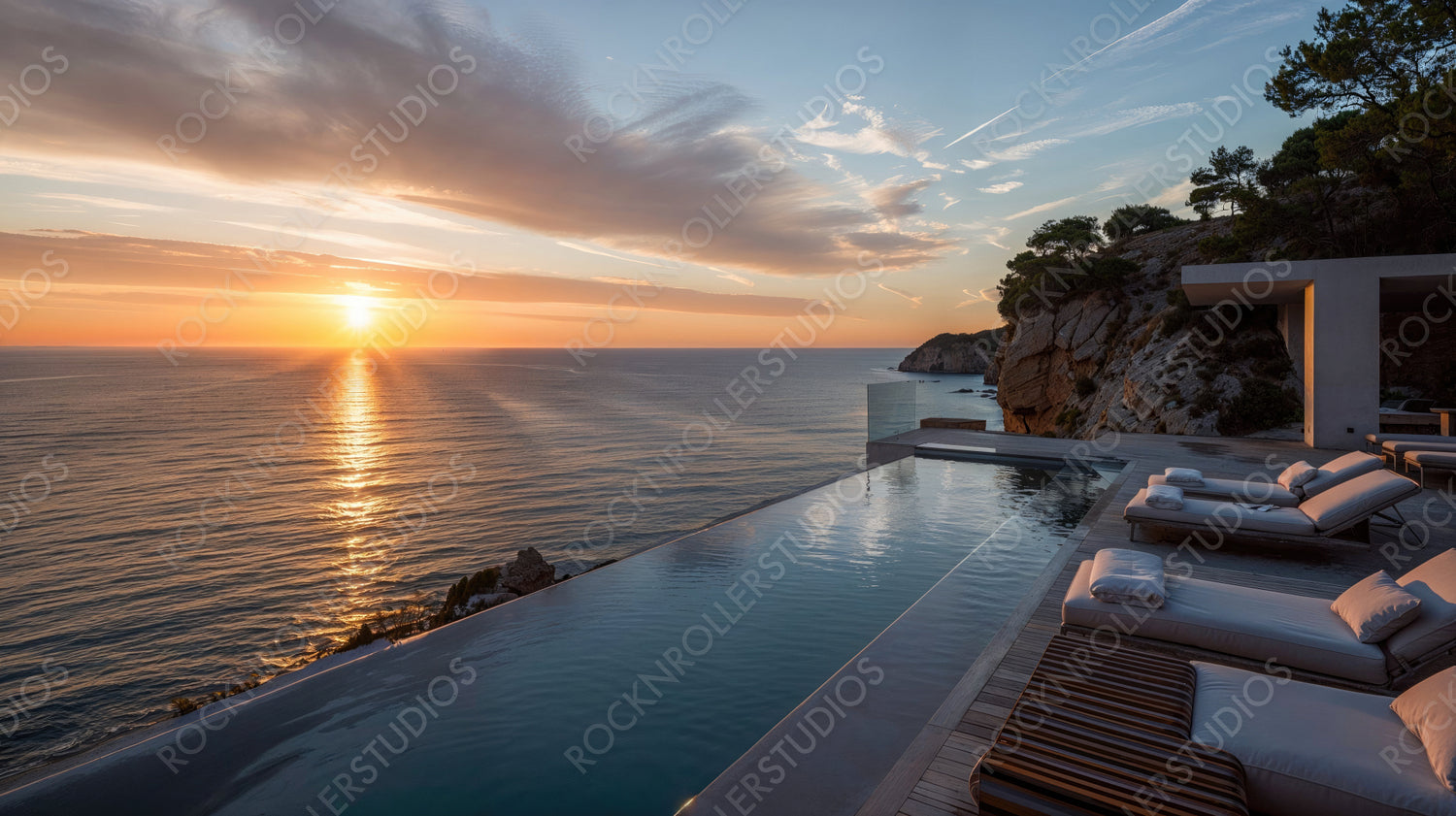 Infinity Pool Overlooking the Ocean at Sunset - Serene Retreat, Tranquil Scene, Coastal Beauty