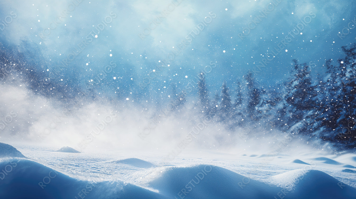 Magical Winter Wonderland with Glistening Snowfall and Soft Sunrise Over White Terrain