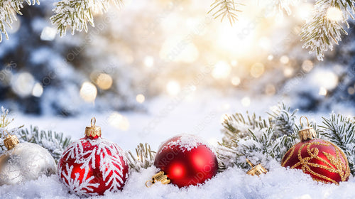 Snow-Covered Christmas Ornaments in the Snow with a Pine Tree and Sparkling Lights