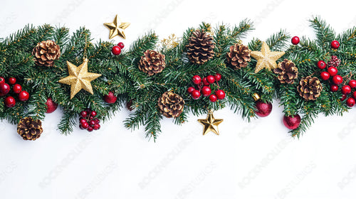 Christmas Pine Garland with Golden Stars, Pine Cones, and Red Ornaments on White Background