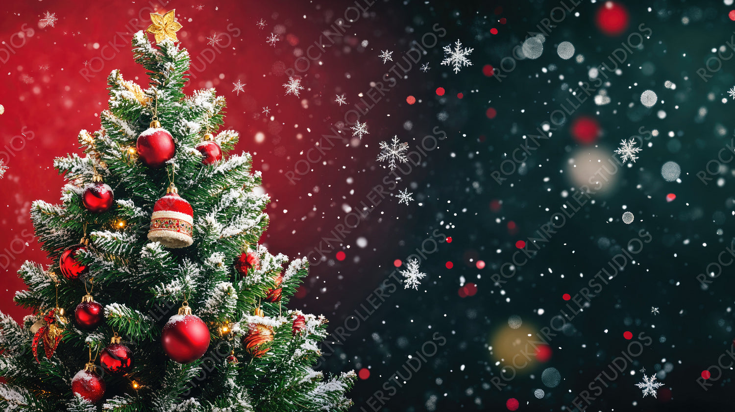 Classic Christmas Tree with Red Ornaments and Golden Lights against Red Snowy Backdrop