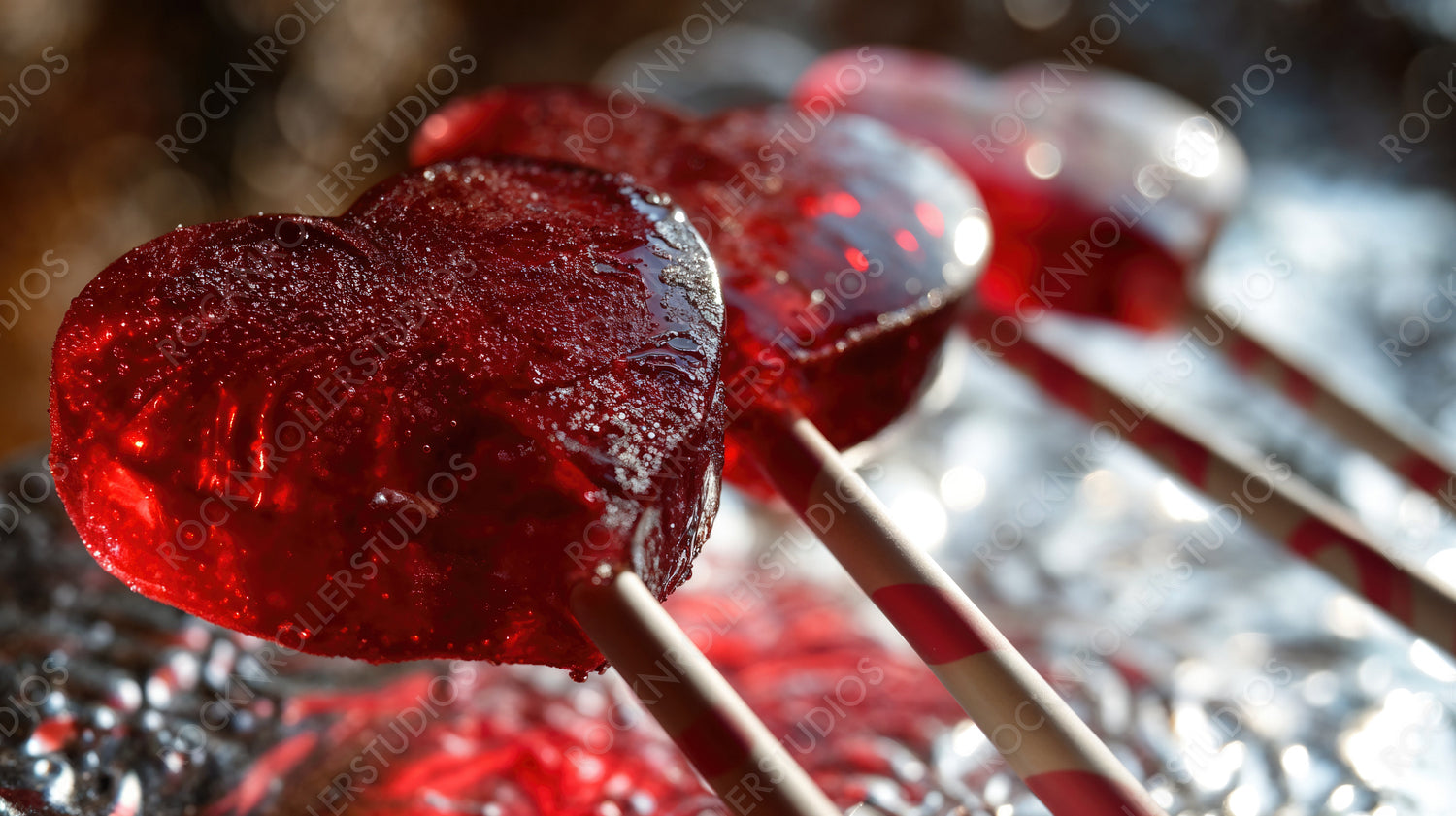 Radiant Row of Red Heart Lollipops on a Sparkling Surface - Perfect for Valentine's Day