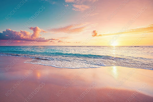 Romantic Sunrise Beach. Relaxing Vacation Seascape. Summer wallpaper.