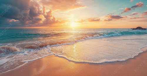 Exotic Sunset Beach in the Bahamas. Calm Honeymoon Seascape. Summer banner.