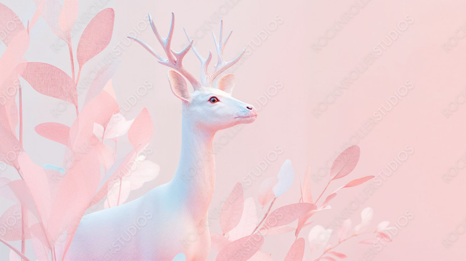 Mystical White Deer in Dreamy Pink Forest - Artistic and Serene Wildlife Illustration