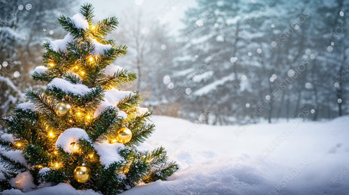 Festive Christmas Tree with Golden Ornaments in a Snowy Winter Wonderland