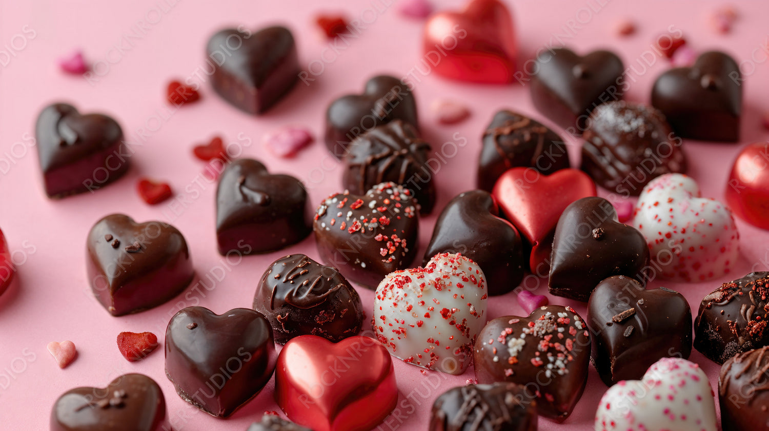 Romantic Assortment of Heart-Shaped Chocolates on Pink, Perfect for Valentine's Day