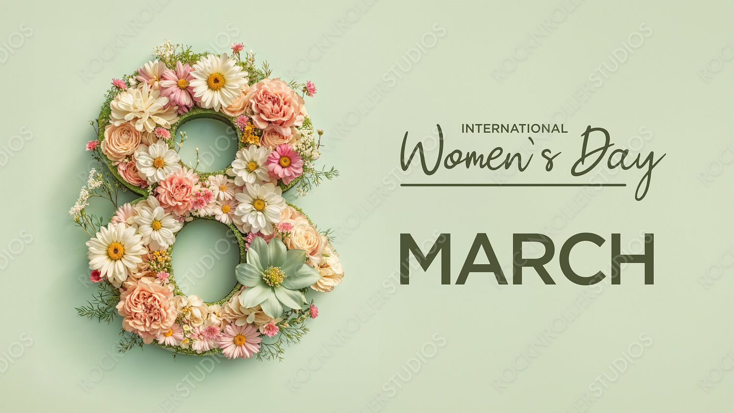 Number 8 in a Green Floral Design. Lovely Botanical Wallpaper with Flowers and Caption, to Celebrate International Woman's Day.