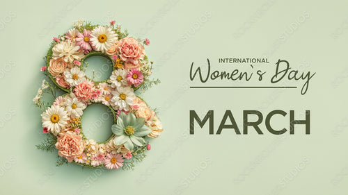 Number 8 in a Green Floral Design. Lovely Botanical Wallpaper with Flowers and Caption, to Celebrate International Woman's Day.