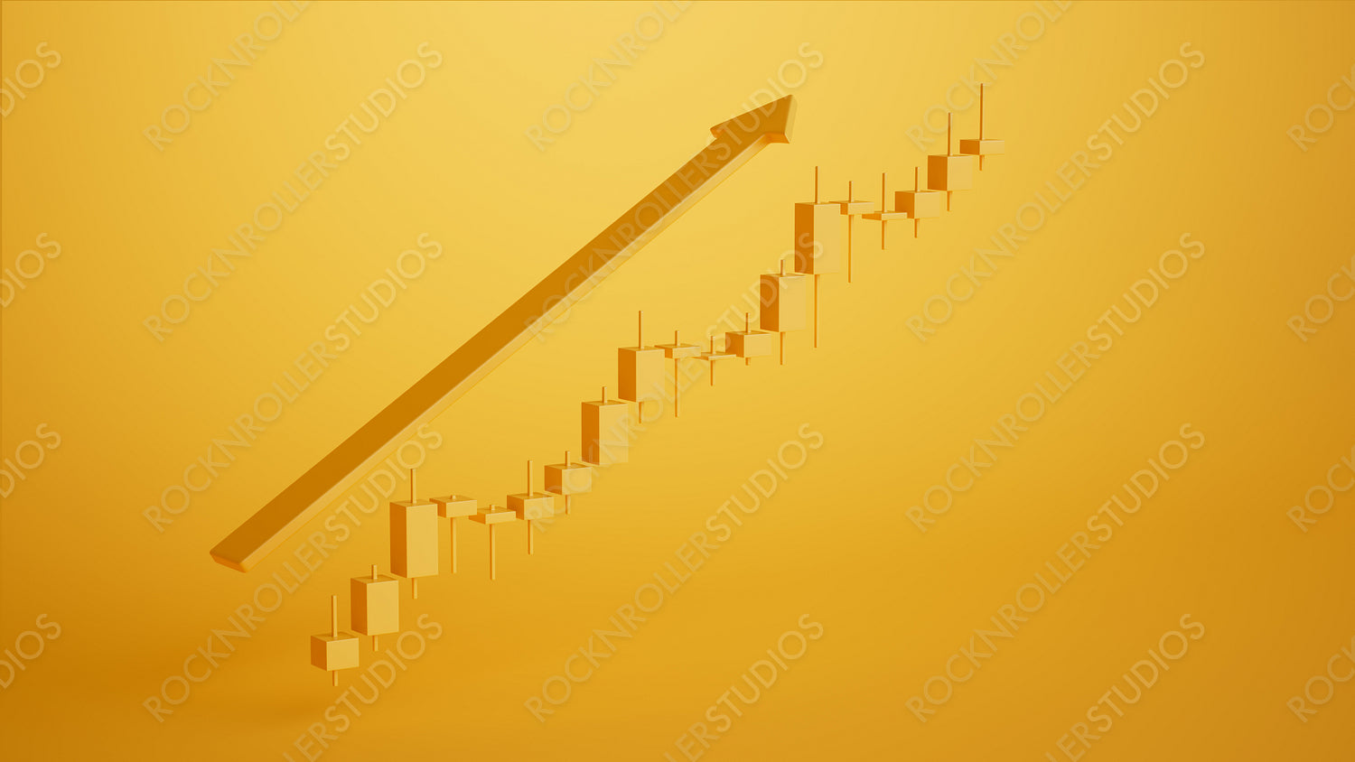 Dynamic Stock Market Growth: 3D Financial Graph with Upward Arrow on Bold Yellow