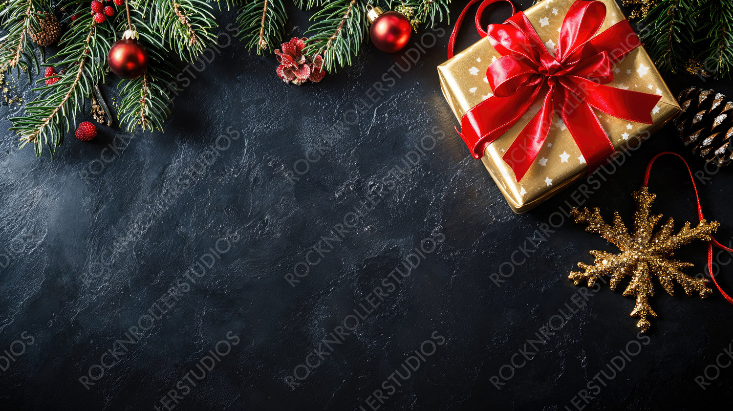 Elegant Christmas Gift Wrapped with Gold Ribbon and Pine Decorations on a Classic Dark Background