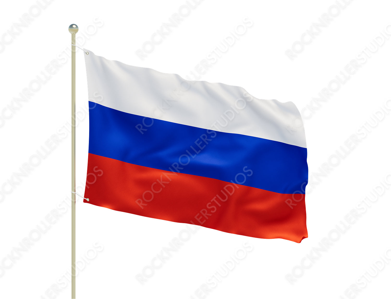 Proud Russian Tricolor Flag Fluttering High on Flagpole. Transparent PNG